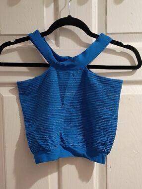 Bebe Electric Blue Glitter Ribbed Halter Crop Top